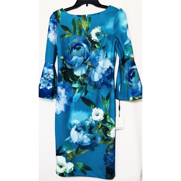 Sold Calvin Klein Floral Bell Sleeve Sheath Dress - Picture 3 of 8